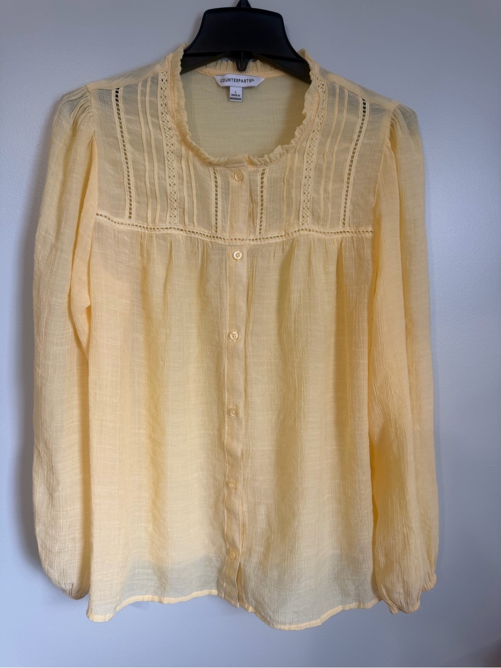 Counterparts Pale Yellow Lace-Pintuck Button Front Sheer Blouse size large